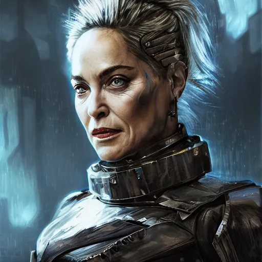 Image similar to sharon stone portrait, dystopia core, apocalyptic, armor, warrior, dramatic, sharp focus, fiction, neon, fantasy, hyper detailed, digital art, trending in artstation, cinematic lighting, studio quality, smooth render, unreal engine 5 rendered, octane rendered, art style and nixeu and wlop and krenz cushart