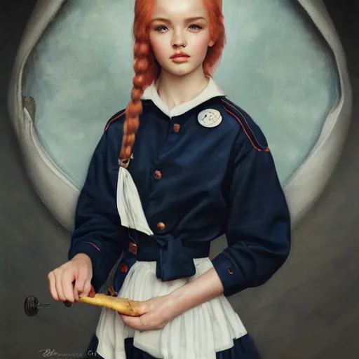 Image similar to tom bagshaw portrait, beautiful mix of dove cameron madison beer bella poarch in a full sailor suit, short redhead, professionally retouched, focus eyes, ultra realistic soft painting, insanely detailed linework, symmetrical accurate intricate features, behance, 8 k