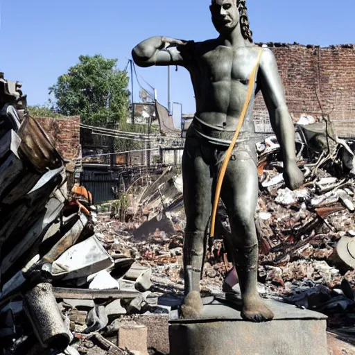 Image similar to statue of a warrior standing in the destroyed city