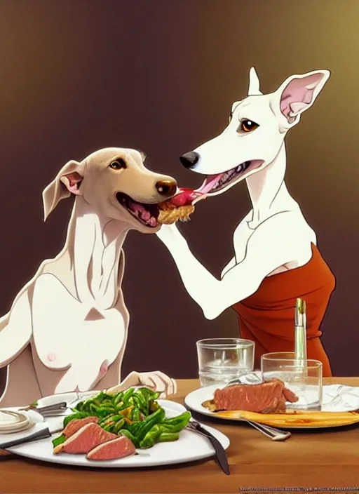 Image similar to cute white brown greyhound eating juicy steak, natural lighting, path traced, highly detailed, high quality, digital painting, by don bluth and ross tran and studio ghibli and alphonse mucha, artgerm