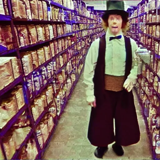 Image similar to grainy security cam footage still of Willy Wonka in his Chocolate Factory, extreme wide angle