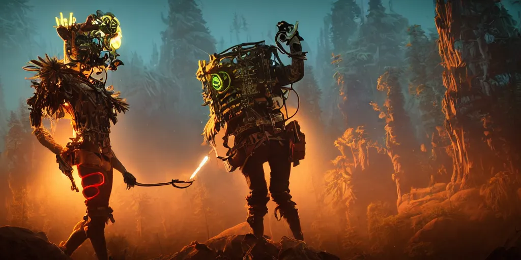 Image similar to woodsman wearing a steampunk and neonpunk mechanical fluorescent mystical animal mask in strange misty mountain landscape. fight with night monsters, night, realism in style of fornite game, 4 k, octane render, award winning photograph, epic cinematic shot, perfectly defined features, ambient occlusion