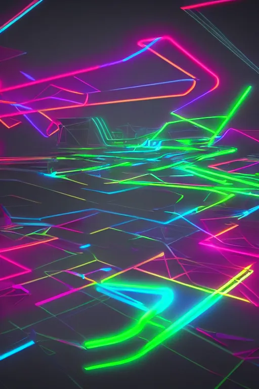 Image similar to very dark image of neon colored abstract 3 d shapes floating in a matte ultra black background, blender maya unreal engine, octane render vray,