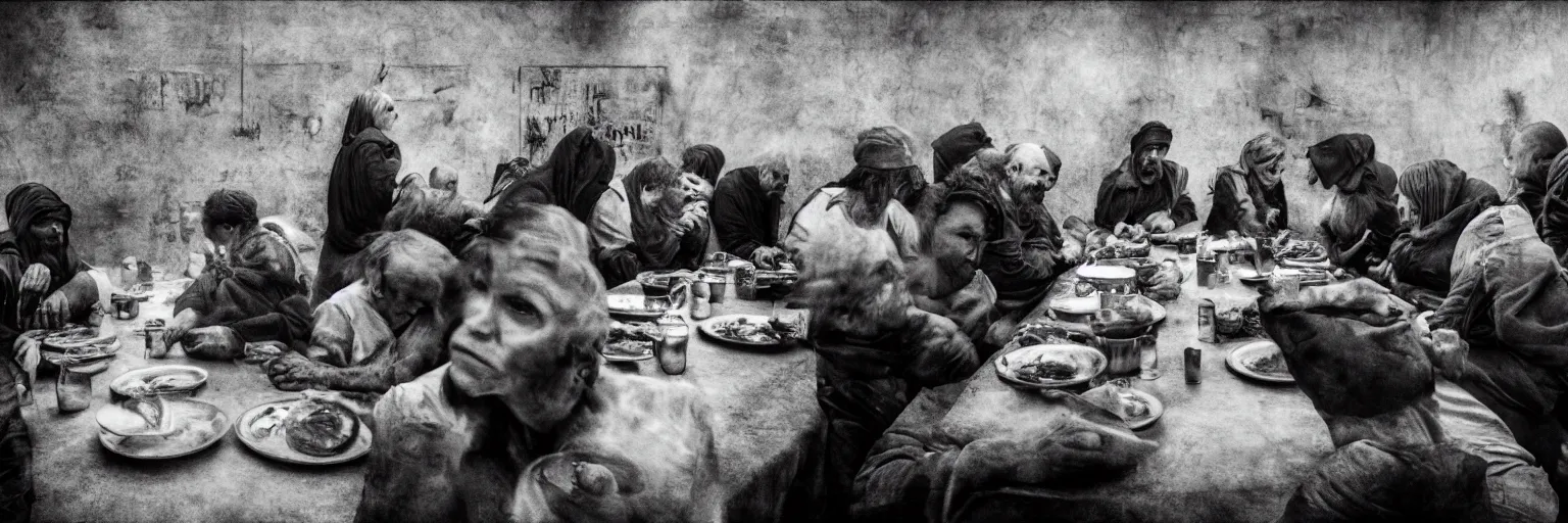 Prompt: Award Winning Editorial 84° wide-angle picture of a Tramps in a Soup Kitchen by David Bailey and Lee Jeffries, called 'The Last Supper', 85mm ND 5, perfect lighting, gelatin silver process