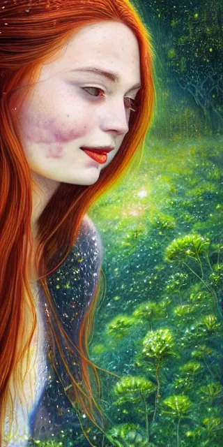 Image similar to infp young woman, smiling amazed, golden fireflies lights, sitting in the midst of nature fully covered, long loose red hair, intricate linework, green eyes, small nose with freckles, oval shape face, realistic, expressive emotions, dramatic lights mystical scene, hyper realistic ultrafine art by michael cheval, jessica rossier, boris vallejo, artgerm