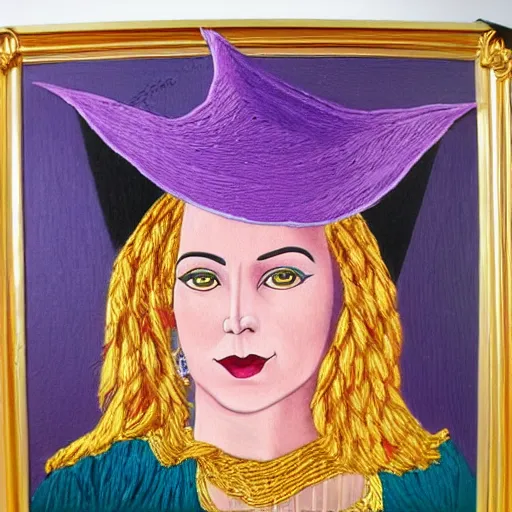 Prompt: portrait of a purple witch with golden embroidery, painting in the style of realism.