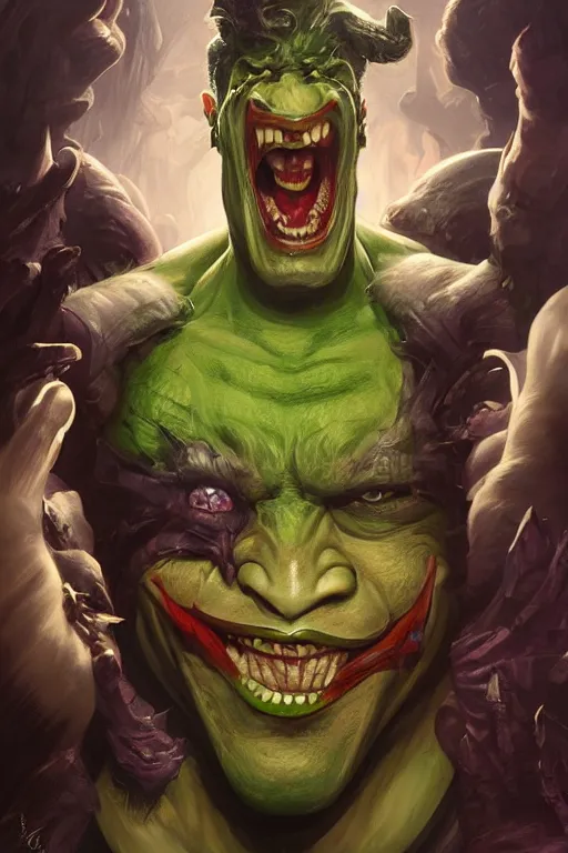 Image similar to portrait of mark zuckerberg as the joker as a hulking herculean demon orc bugbear clown, godlike, upper body, fantasy, intricate, elegant, highly detailed, digital painting, artstation, concept art, sharp focus, illustration, art by artgerm and greg rutkowski and alphonse mucha