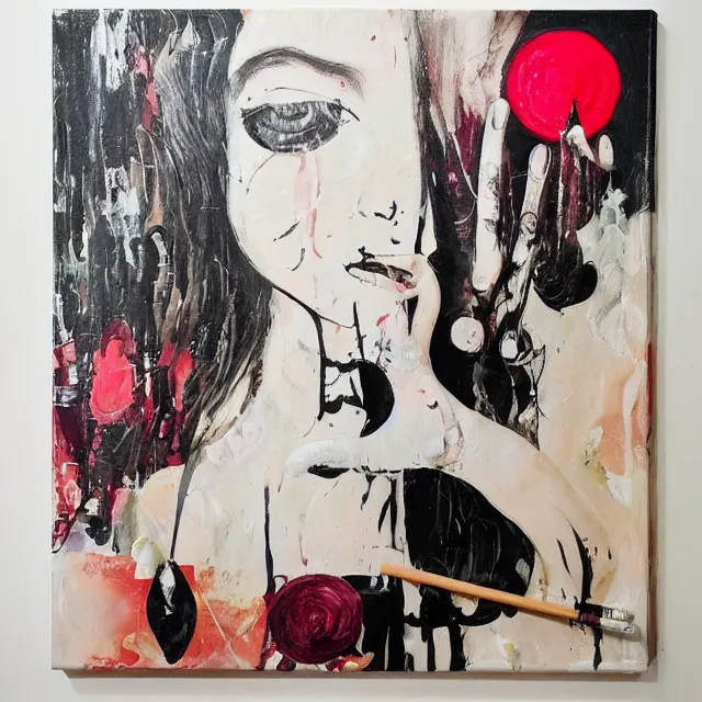 Image similar to “ a portrait in a female art student ’ s apartment, sensual, a pig theme, pork cuts, art supplies, surgical iv bag, octopus, ikebana, herbs, a candle dripping white wax, japanese pottery, squashed berries, berry juice drips, acrylic and spray paint and oilstick on canvas, surrealism, neoexpressionism ”