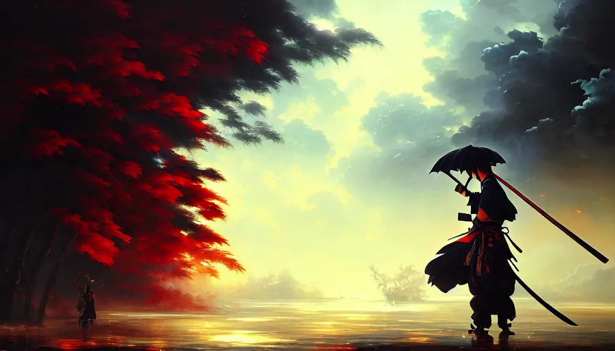 Prompt: baroque oil painting of key visual samurai war, rain, storm, fake detail, trending pixiv fanbox, acrylic palette knife, style of makoto shinkai takashi takeuchi yoshiyuki sadamoto greg rutkowski chiho aoshima