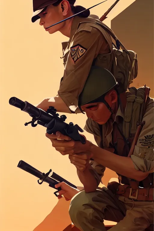 Image similar to ww 2 sniper, desert colors, smooth face, centered median photoshop filter cutout vector behance hd by artgerm, jesper ejsing, by rhads, makoto shinkai and lois van baarle, ilya kuvshinov, rossdraws, illustration, art by ilya kuvshinov and gustav klimt