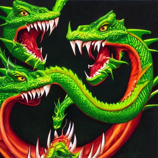 Prompt: Realistic oil portrait of a Three-headed green dragon, two heads having menacing expressions glance sideways towards the third head who has stupid face and a tongue out