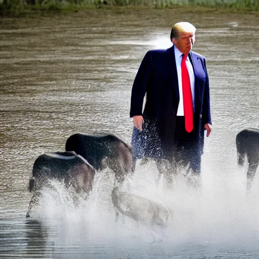 Prompt: national geographic professional photo of trump lapping up water in a busy watering hole, award winning