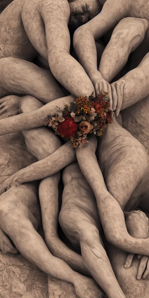 Image similar to closeup photograph of a surrealist sculpture human bodies intertwined, a lovely cornucopia of flowers and human body parts, body parts, made of stone, earth tone colors, muted color palette, skin tones, highly detailed, octane render, cinematic