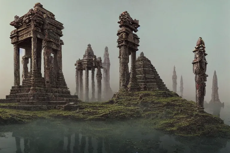 Image similar to photography of a beautiful archipelago of never seen before stunning ancient indian temple. intricate pilars patern, runes. flowers. inspiring science fiction, intricate, elegant, uplifting, inspirational, highly detailed by beksinski and simon stalenhag