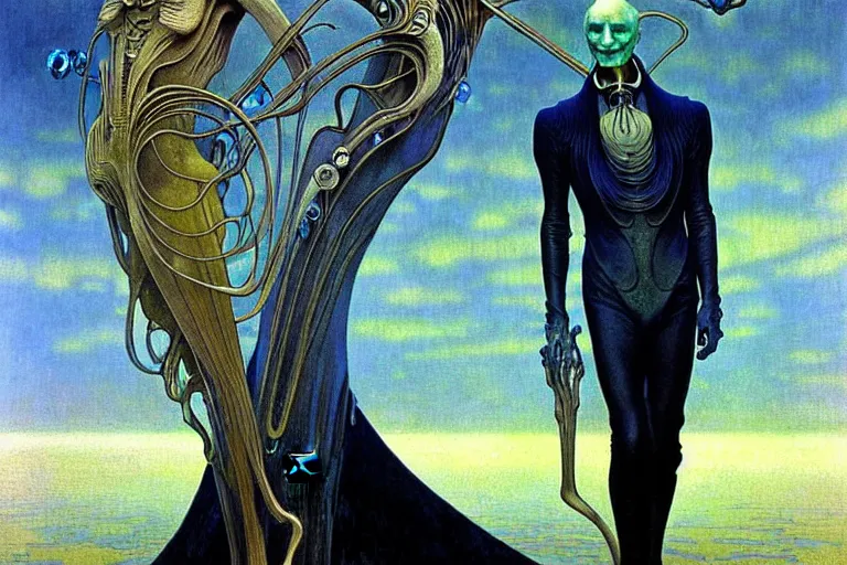 Image similar to realistic extremely detailed portrait painting of an elegantly creepy vampire man in cape, futuristic sci-fi landscape on background by Jean Delville, Amano, Yves Tanguy, Alphonse Mucha, Ernst Haeckel, Edward Robert Hughes, Roger Dean, rich moody colours, blue eyes