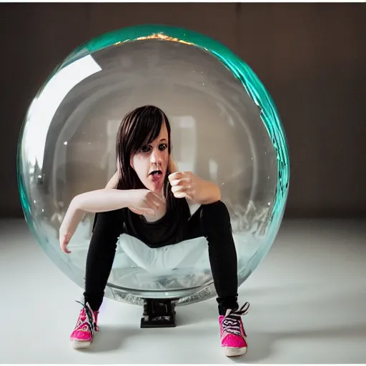 Image similar to a teenage emo girl squatting inside a giant snowglobe, editorial photography, in a photo studio