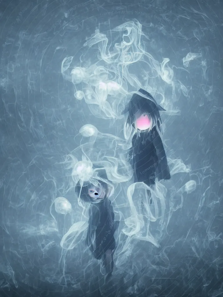 Image similar to cute fumo plush beautiful chibi ectoplasmic gothic witch jellyfish ghost girl, glowing milky wisps of hazy smoke and volumetric fog on a heavy rainstormy reflective river in the falling rain, lens flare, subsurface scattering, vignette, asymmetry, bokeh, refraction, vray