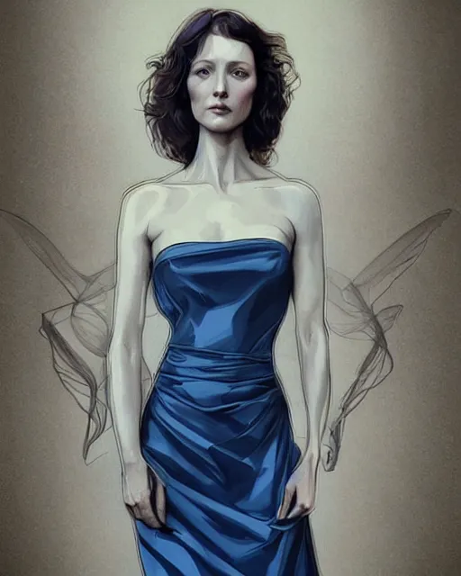 Image similar to in the style of joshua middleton, artgerm, beautiful caitriona balfe, outlander, full body, blue dress, elegant pose, middle shot, spooky, detailed realisitc eyes, detailed realistic eyes, detailed and intricate