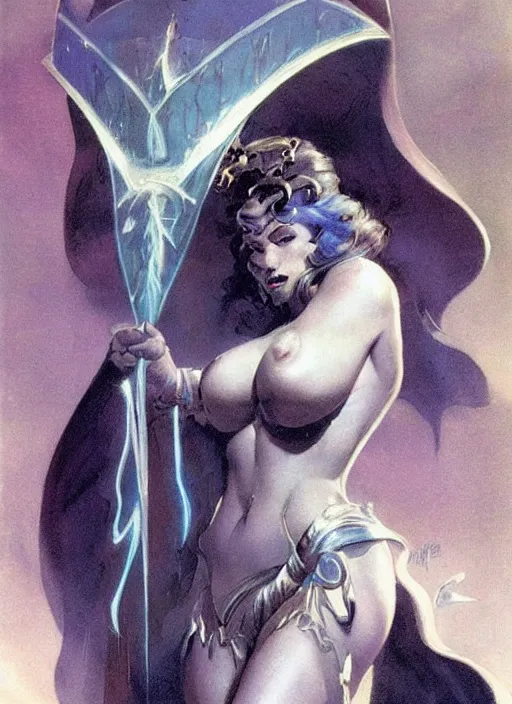 Prompt: mighty plump female sorceress, blue tiara, lightning halo, strong line, muted color, beautiful! coherent! by frank frazetta, by brom