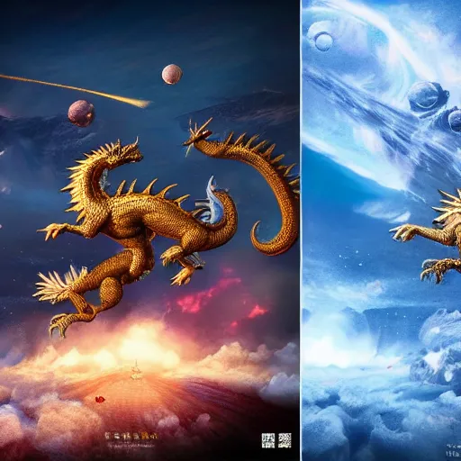 Image similar to Very highly detailed Chines dragon fighting versus Very Highly detailed Smok Falkor in outerspace Realistic Concept Art by Fernando Gabriel Maidana. Rendered by Octane Render