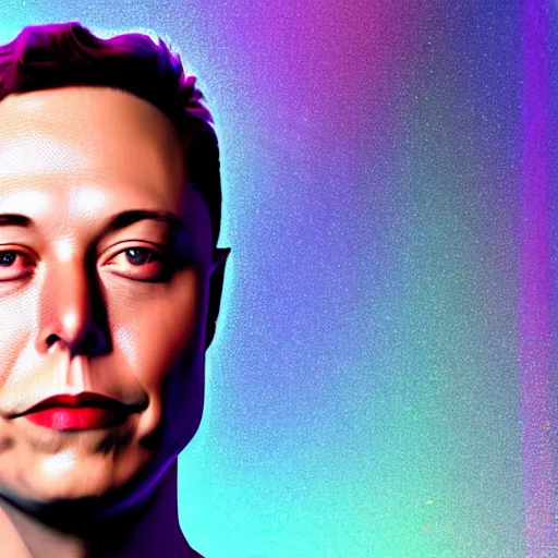 Image similar to 3d render of Elon Musk as a holographic human robotic head made of glossy iridescent, surrealistic 3d illustration of a human face non-binary, non binary model, 3d model human, cryengine, made of holographic texture, holographic material, holographic rainbow, concept of cyborg and artificial intelligence