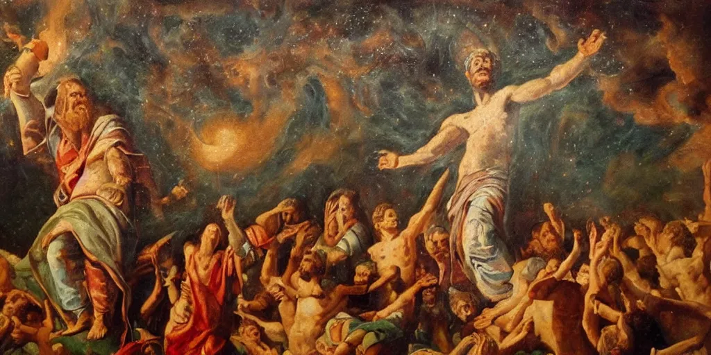 Prompt: masterful religious oil painting god announcing the end of the world