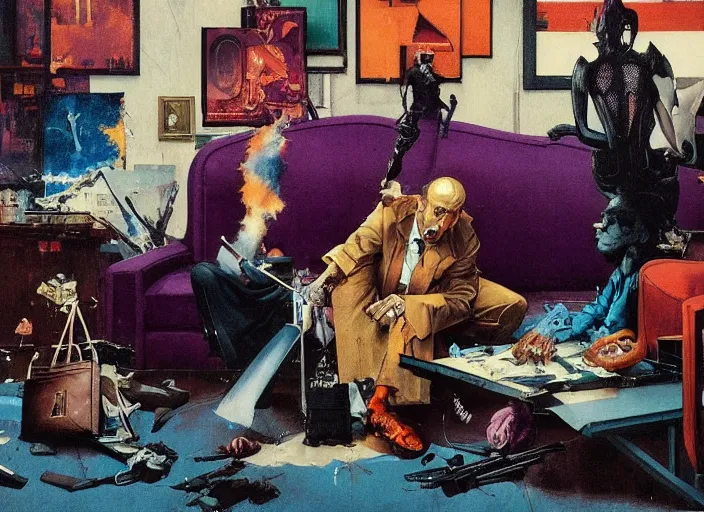 Image similar to a still from the tv series law and order by francis bacon and norman rockwell and james jean, and mark brooks, triadic color scheme, by greg rutkowski, syd mead and edward hopper and norman rockwell and beksinski, dark surrealism, purple and orange and turquoise