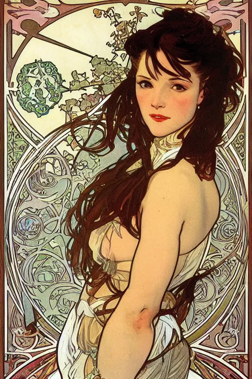 Image similar to portrait of tifa lockhart by alphonse mucha, james jean, manuel sanjulian, sharp focus, illustration