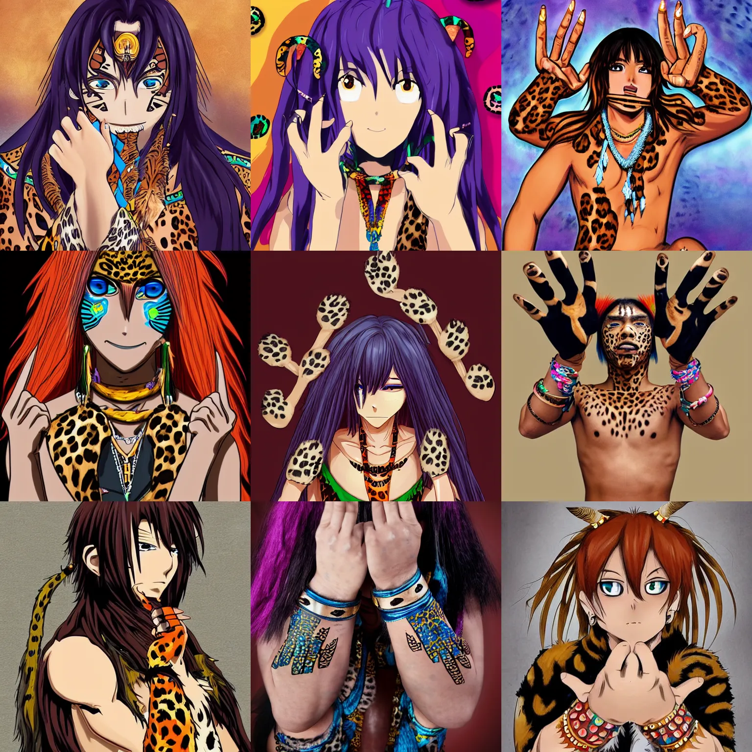 Prompt: anime tribal boy with long hair, loincloth, wearing taxidermy leopard paw as hands, leopard claw extended on each finger on the paws, realistically colored, trending on pixiv