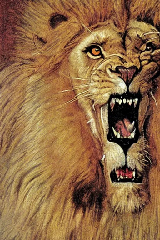 Prompt: an angry lion by norman rockwell