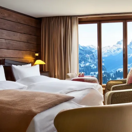 Prompt: a luxury hotel in Switzerland in the mountains