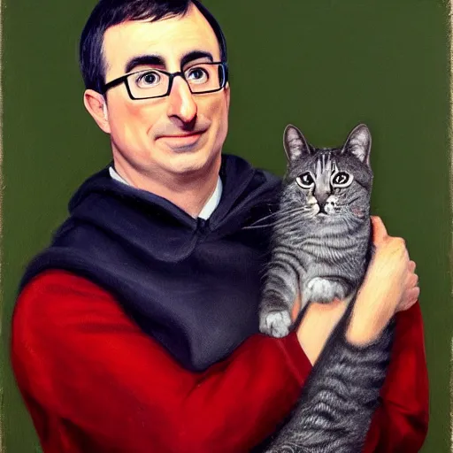 Prompt: John Oliver, stroking a cat. Oil painting, portrait.