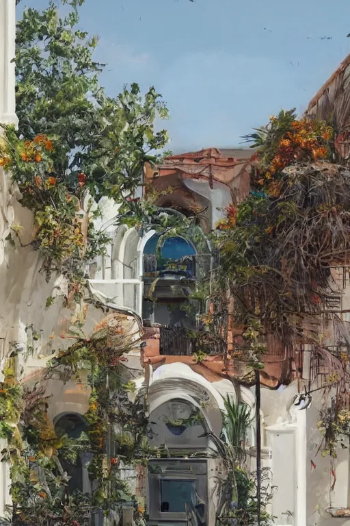 Prompt: the front of a spanish school, spanish architecture, tropical, vibrant summer colors, orange flowers, by greg rutkowski makoto shinkai takashi takeuchi