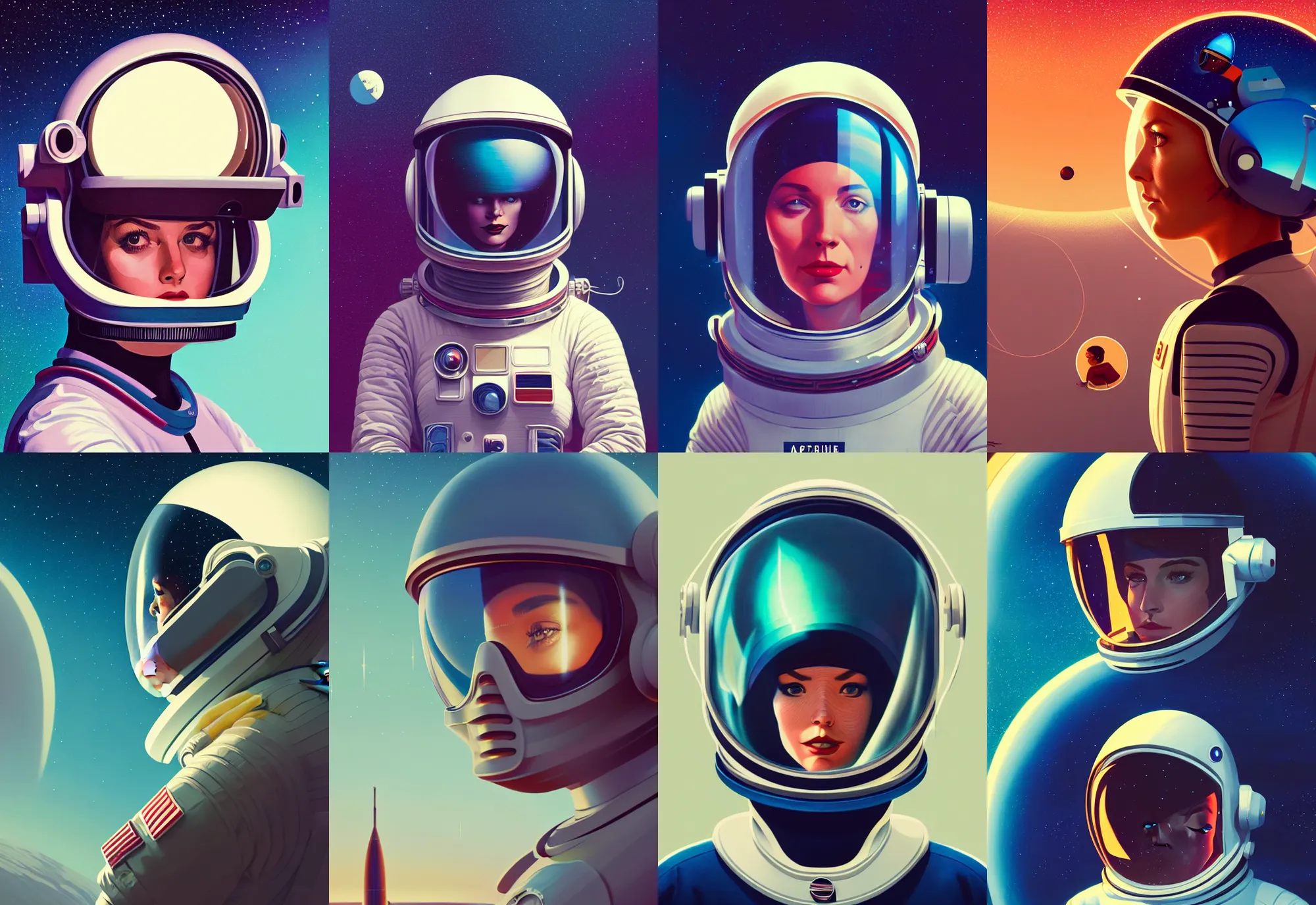 Prompt: retrofuturistic portrait of a woman in astronaut helmet, space graphics art in background, close up, quint buchholz, wlop, dan mumford, artgerm, liam brazier, peter mohrbacher, 8 k, raw, featured in artstation, octane render, cinematic, elegant, intricate, 8 k