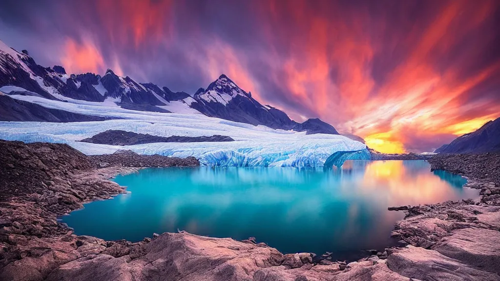 Image similar to amazing landscape photo of a glacier with lake in sunset by marc adamus, beautiful dramatic lighting