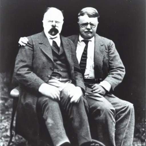 Prompt: black and white photo of theodore roosevelt sitting on Franklin D. Roosevelt's lap