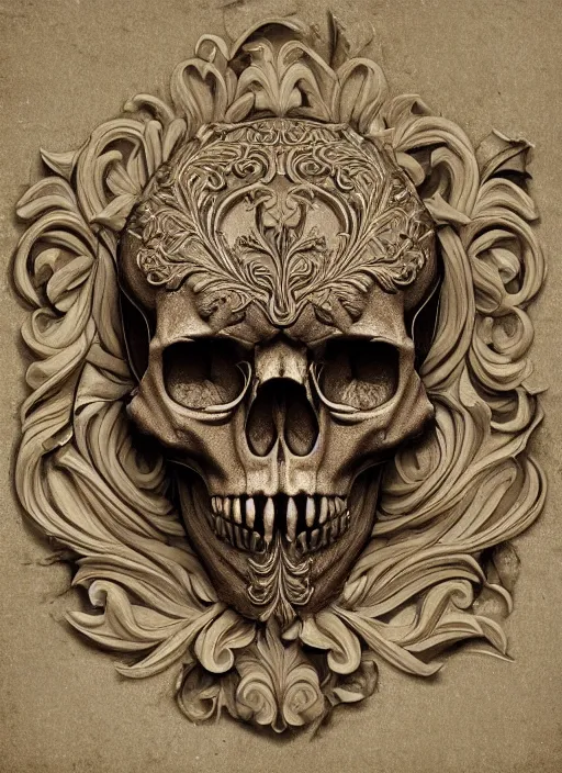 Prompt: hyper realistic photography of intricate renaissance skull ornament relief leaves, cinematic, symmetric detailed, artstation, cgsociety