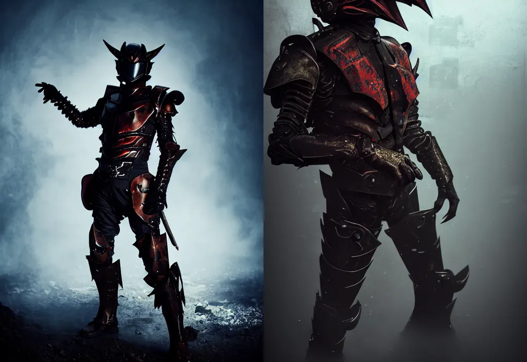 Prompt: character portrait of a high fantasy kamen rider gunslinger standing in an abandoned coal mine, glowing eyes in helmet, demonic dragon inspired armor, rusty metal walls, dark colors, tense atmosphere, misty room, dramatic lighting, good value control, matte painting, minimal artifacts, sharp focus, 8 k, rubber suit, pvc armor, dramatic lighting, frank frazetta