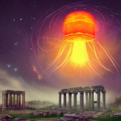Image similar to a colossal gigantic glowing orange jellyfish hovering beneath a portal in the sky, tendrils hanging towards the ground, galaxies and stars in a stylized sky at twilight, ancient ruins in the foreground, ancient cities in the background, digital art