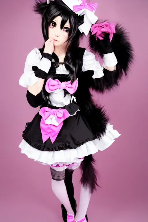 Image similar to Anime Catgirl with black fur, pink hair, and pink eyes in Gothic Lolita maid costume wearing small top hat