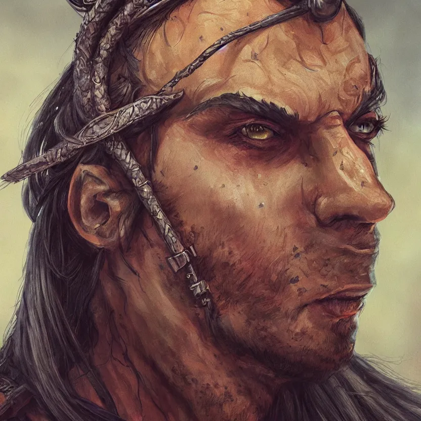 Image similar to an close up oil drawing of a gipsy tiefling in style of witcher, a character portrait by muggur, disco elysium character, featured on deviantart, fantasy art, concept art, official art, hd mod