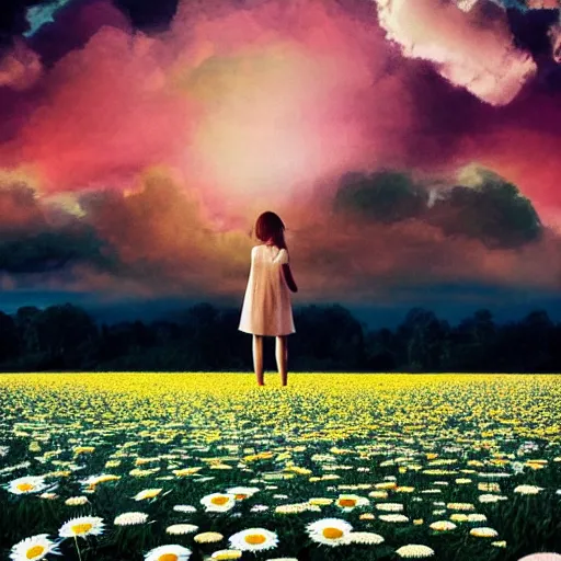 Image similar to full body girl standing in a flower field, her head is hidden behind the huge daisy flower,. surreal photography, sunrise, dramatic light, impressionist painting, colorful clouds, digital painting, artstation, simon stalenhag