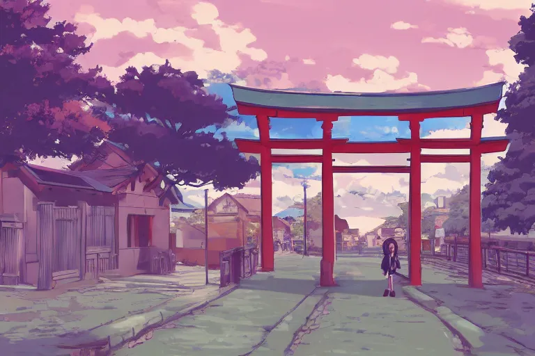 Prompt: Torii gate in the village, scoolgirls, countryside city scene, torii gate, klegs • kuvshinov • ilya kuvshinov • chill • snatti89• guweiz • aenami • sylar113 • lofi • lofi • arsenixc• seerlight • anime scenery • anime rain • akihabara• asabinart • lofi wallpaper • japanese wallpaper, cheeryblossom