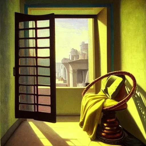 Image similar to still life painting of a room with a balcony. in the center lays an ancient holy artifact, shaped like torus ring, chromed and ornate with gentle iridescent shine from within. the ring lays on top of a pedestal. perspective from the side. realistic light and shadows. moody fantasy art, still life renaissance pastel painting. in the style of vermeer