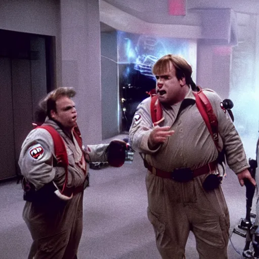 Prompt: Chris Farley as a Ghostbuster in a still from the movie Ghostbusters 8k hdr highly detailed