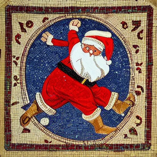 Image similar to santa claus doing a kickflip, byzantine mosaic,