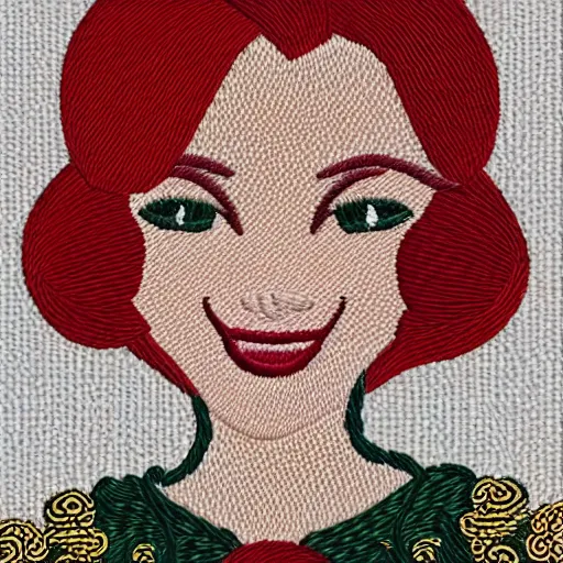 Prompt: Highly detailed embroidery design of a beautiful young woman with red hair, smiling by Disney, Thread material, Fabric material, gold details, Emerald insets, Golden thread, golden details, intricate details, intricate patterns 4k, 8k, HDR