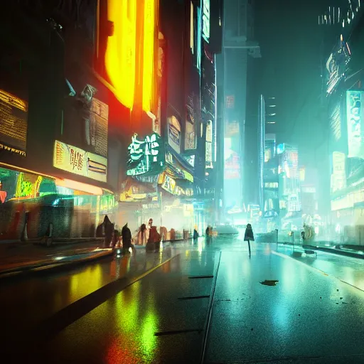 Prompt: ghost under a sheet floating over futuristic metropolis sidewalk, at night, bright neon city lights, blade runner, trending on artstation, matte finish, volumetric lighting, 8k, 4k