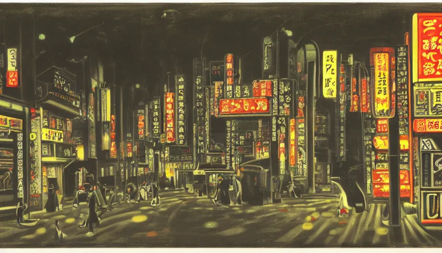 Image similar to wide film still, long exposure of tokyo street scene, by henri rousseau, night time, neon lights