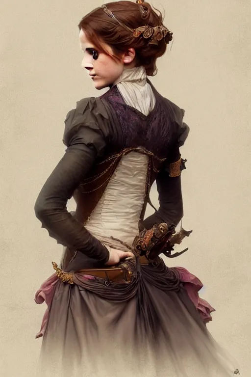 Image similar to Emma Watson dressed in a victorian fashion, D&D, fantasy, intricate, elegant, highly detailed, digital painting, artstation, concept art, matte, sharp focus, illustration, art by Artgerm and Greg Rutkowski and Alphonse Mucha